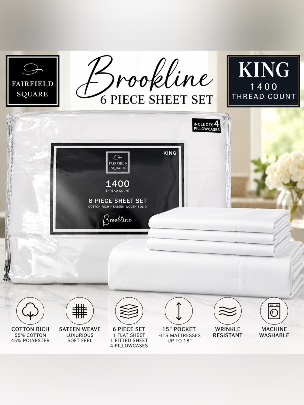 NWT Fairfield Square Brookline King 1400 TC 6-Pc Sheet Set White Sateen